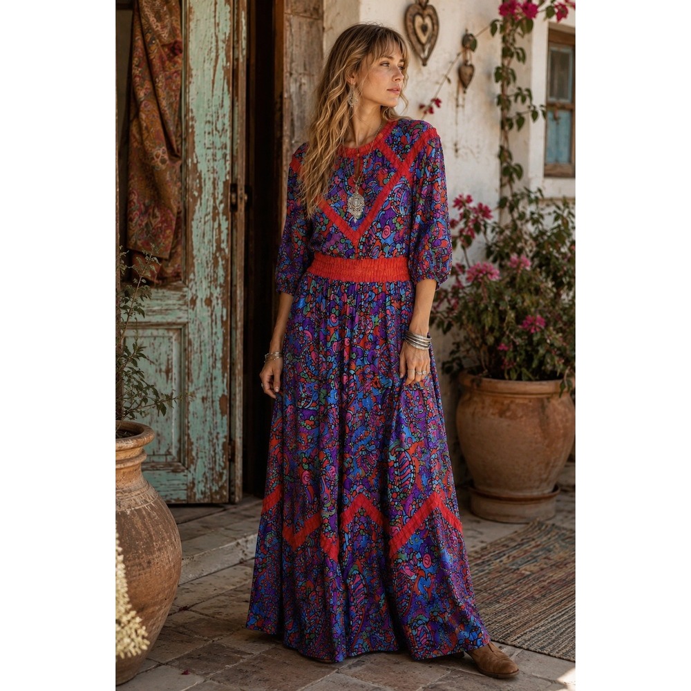 Diane Freis OS Vintage 1980s Boho Flowy Maxi Dress Mixed Floral Pattern Romantic